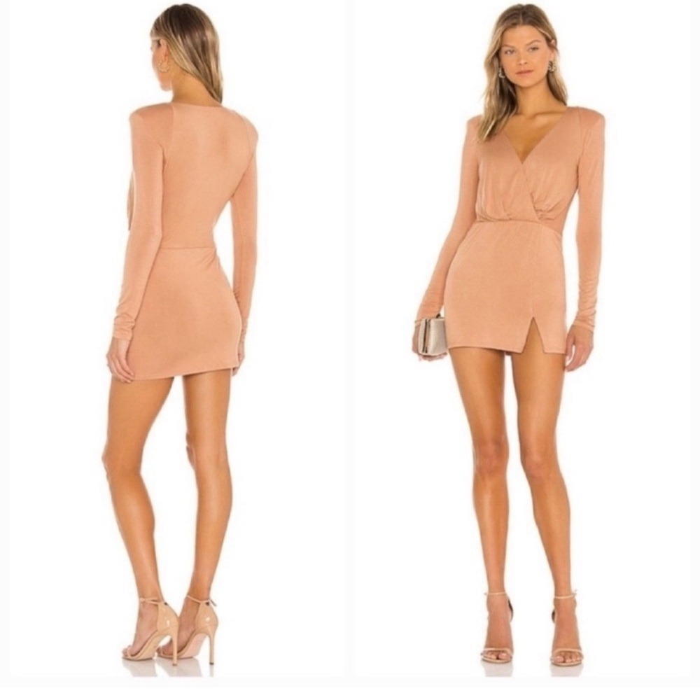 NBD X REVOLVE Katie Tan Mini Dress Long Sleeve V-Neck Shoulder Pads Small NWT